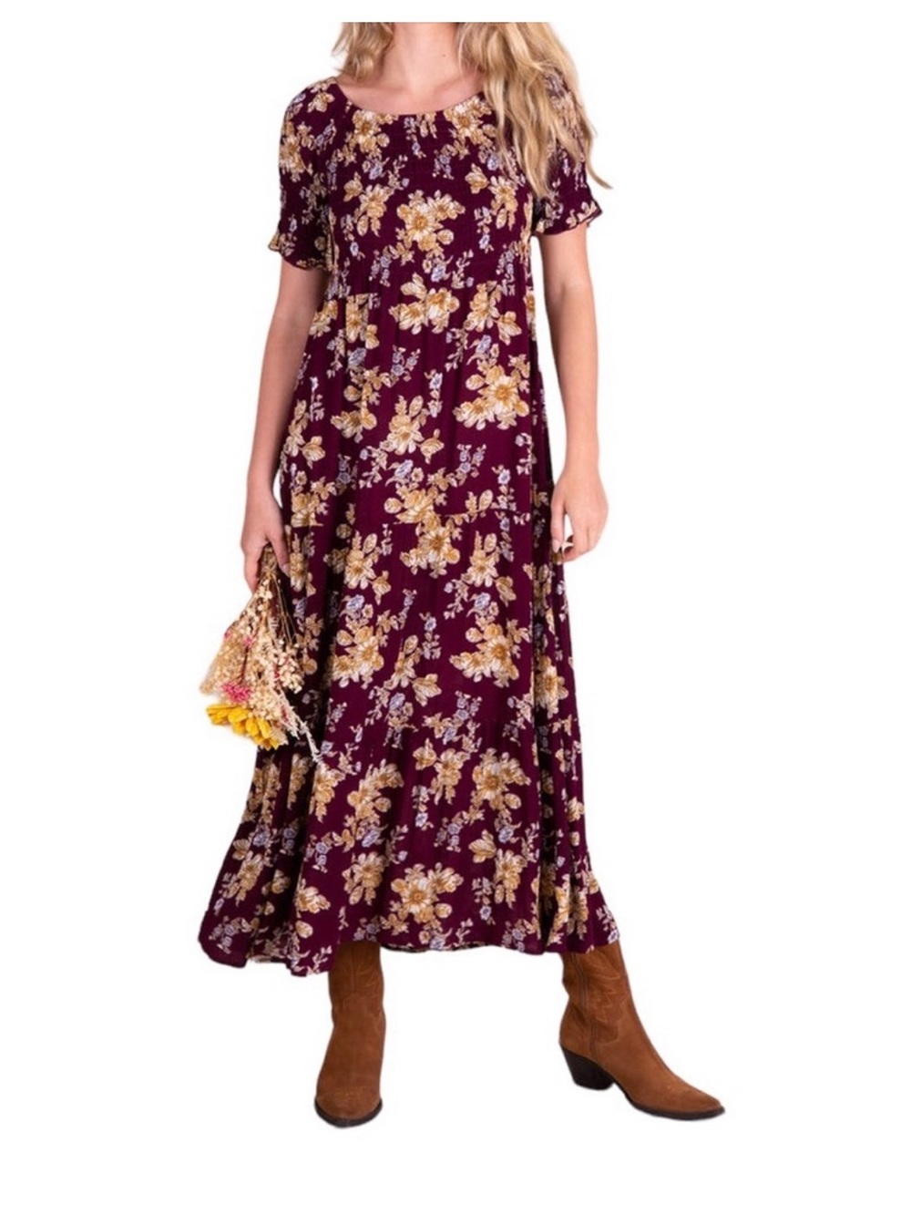 Natural Life Daisy Maxi Dress Burgundy Floral Smocked Women's‎ Sz M Boho Prairie
